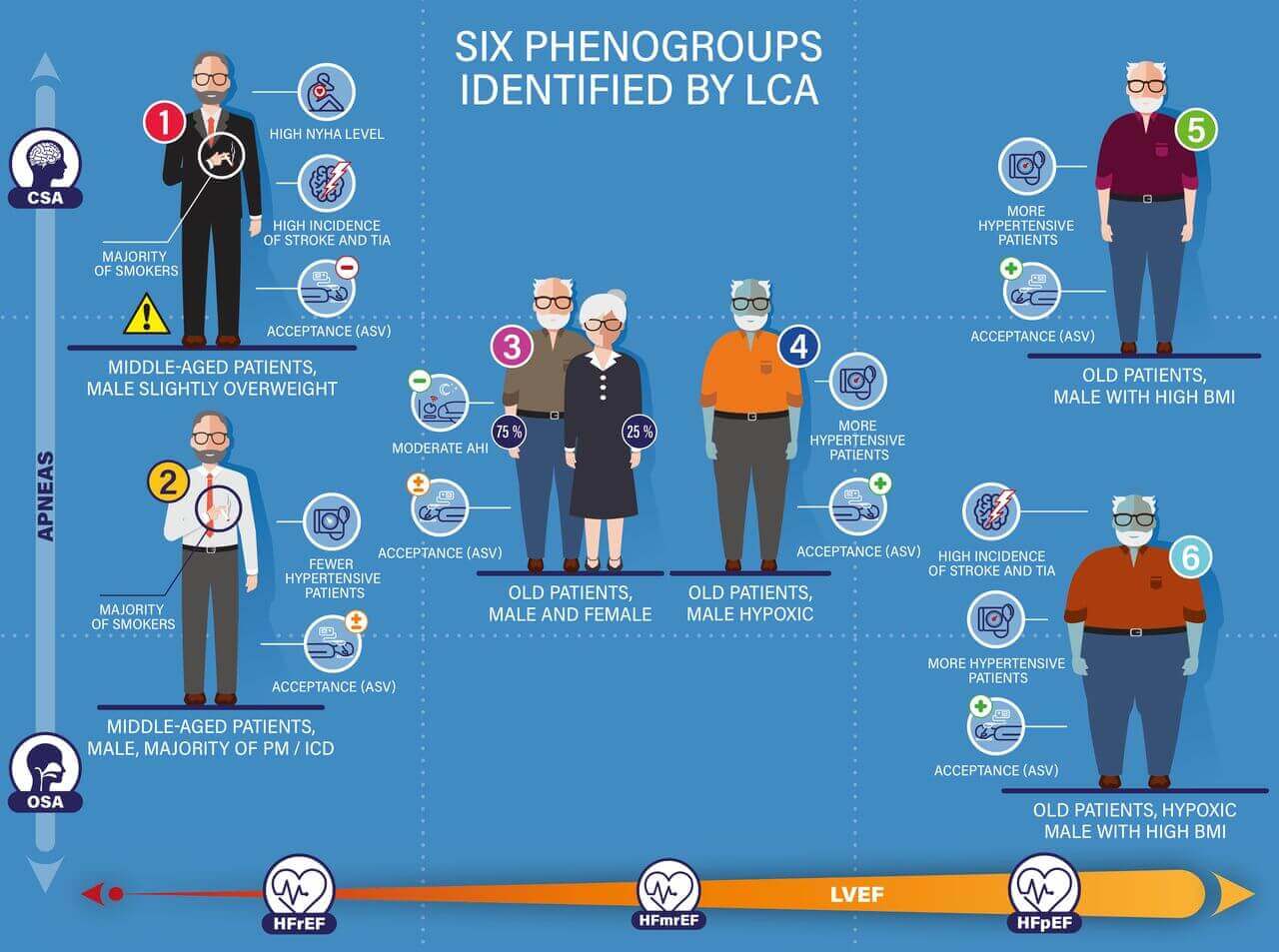 Eine Infografik, die die sechs Phänotypgruppen von Patient:innen mit Herzinsuffizienz zeigt, die in das FACE-Register aufgenommen wurden.