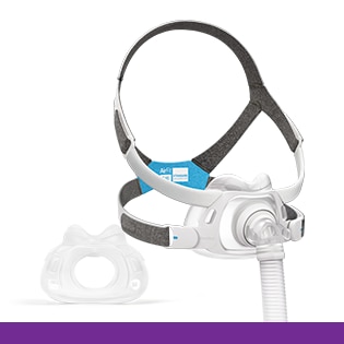 Abbildung der ResMed AirFit F40 Full Face CPAP Maske mit Kopfband und Maskenkissen.