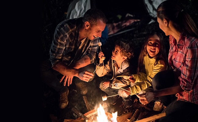 Familie mit Vater, Mutter und zwei Kindern an einem Lagerfeuer, abends, beim Rösten von Marshmallows