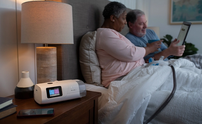 Ein Paar im Bett, das auf ein elektronisches Tablet schaut. Die Frau hat eine AirCurve 11 ASV PaceWave-Maske auf dem Schoß. Die Maske ist an dem Gerät auf ihrem Nachttisch befestigt.